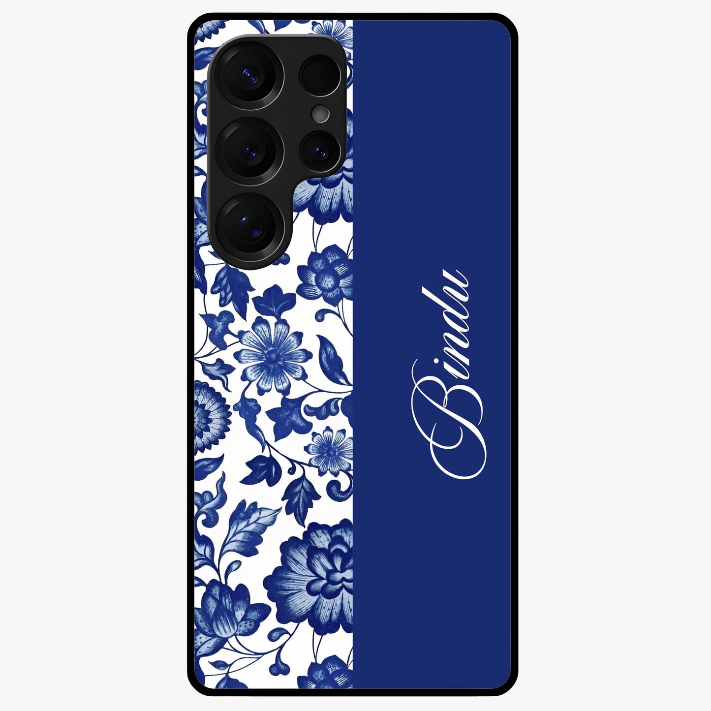 Blue Vintage Floral Pattern Glass Case upright view showcasing timeless floral illustration with vintage inspired style.