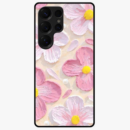 Blush Bloom Texture Glass Case showing flat back view with soft blush floral texture artwork and glossy glass finish.