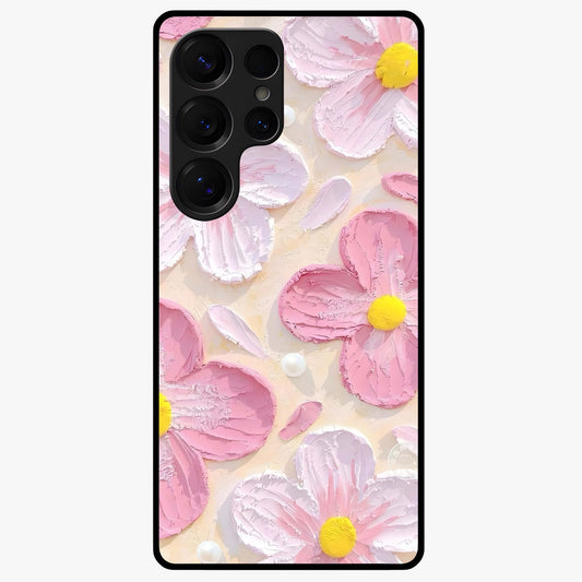 Blush Bloom Texture Glass Case showing flat back view with soft blush floral texture artwork and glossy glass finish.