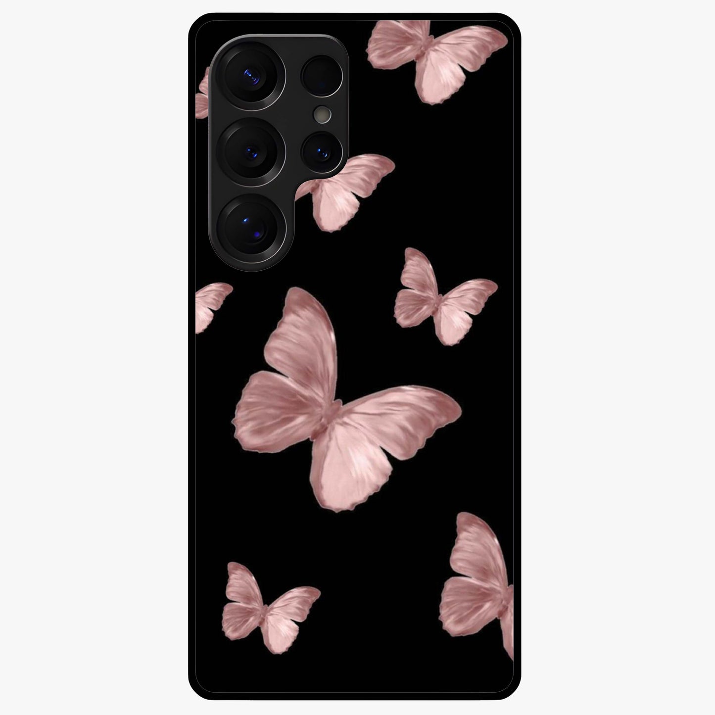 Butterfly Pattern Glass Case showing flat back view with elegant butterfly pattern artwork and glossy glass finish.
