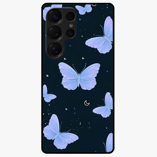 Butterfly With Stars Pattern Glass Case showing flat back view with butterfly and star pattern artwork and glossy glass finish.