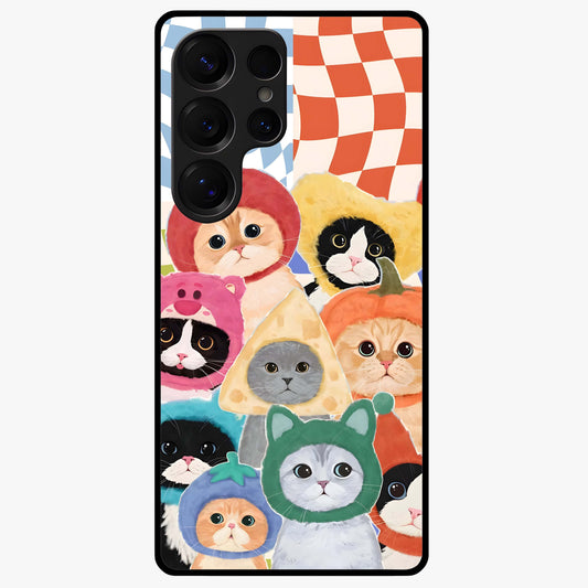 Cats in Fruits Glass Case showing flat back view with playful cat illustrations inside fruit artwork and glossy glass finish.