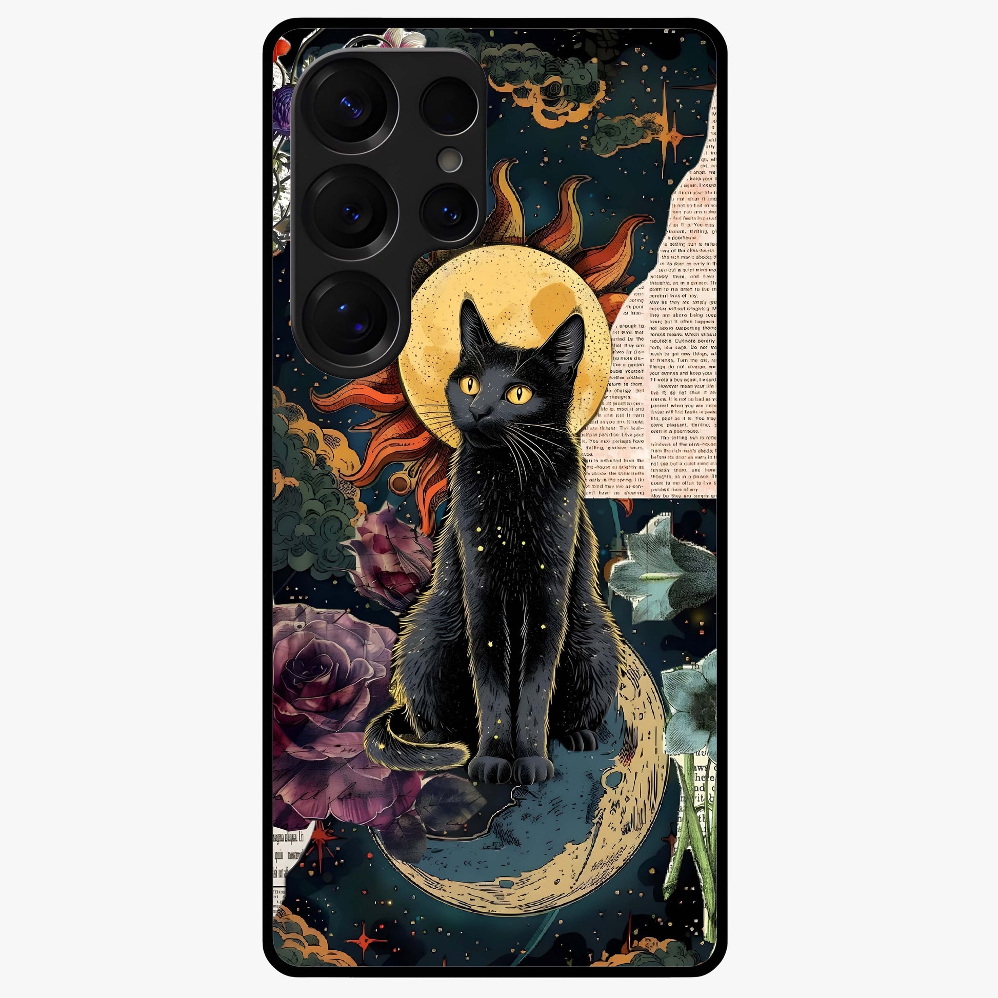Celestial Black Cat Glass Case showing flat back view with mystical black cat artwork and glossy glass finish.