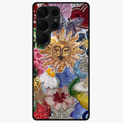 Celestial Floral and Playful Glass Case showing flat back view with floral and celestial themed artwork and glossy glass finish.