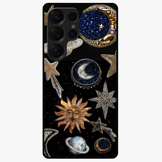 Celestial Gem Constellations Glass Case showing flat back view with sparkling constellation artwork and glossy glass finish.