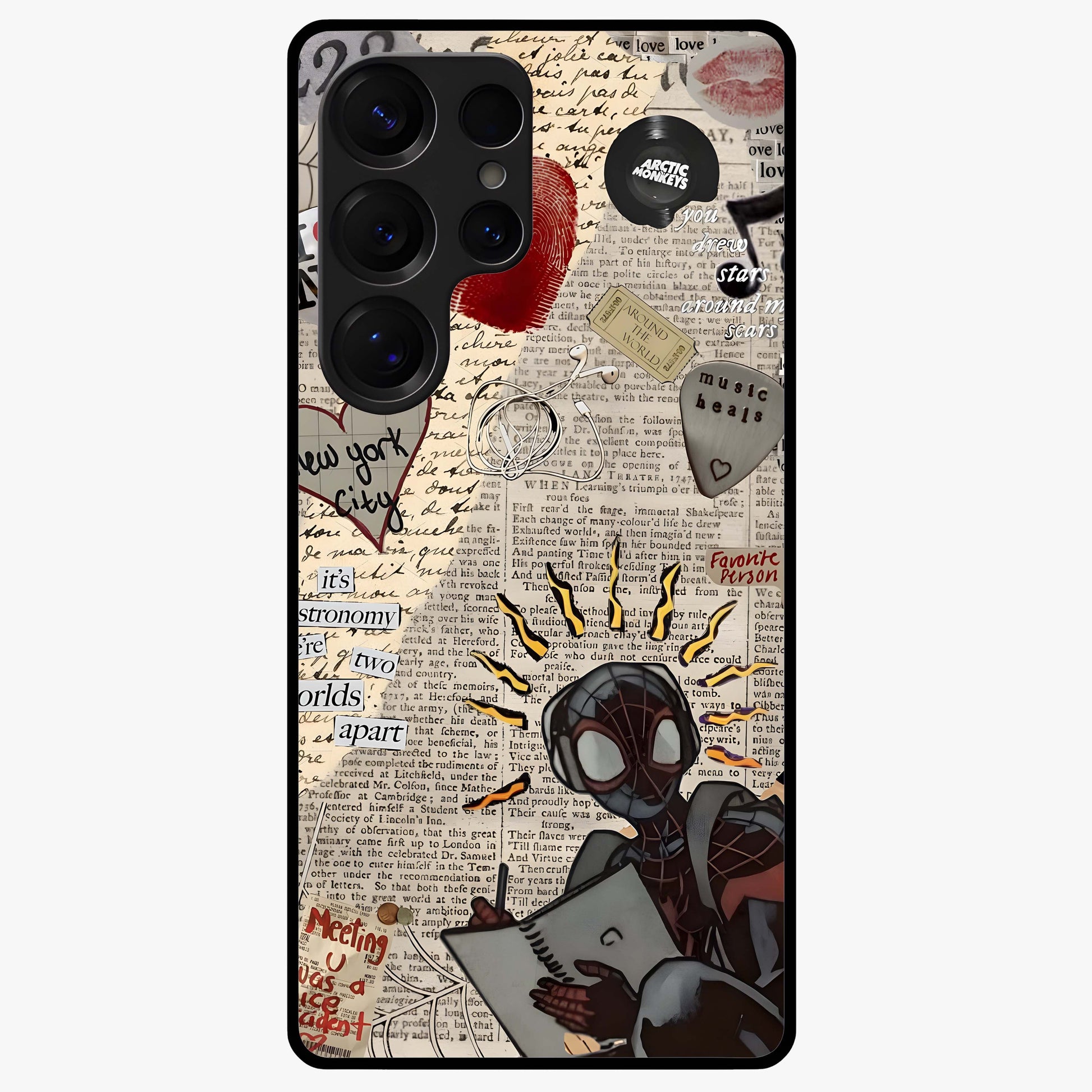 City Dream Sketch Glass Case showing flat back view with artistic city skyline sketch artwork and glossy glass finish.