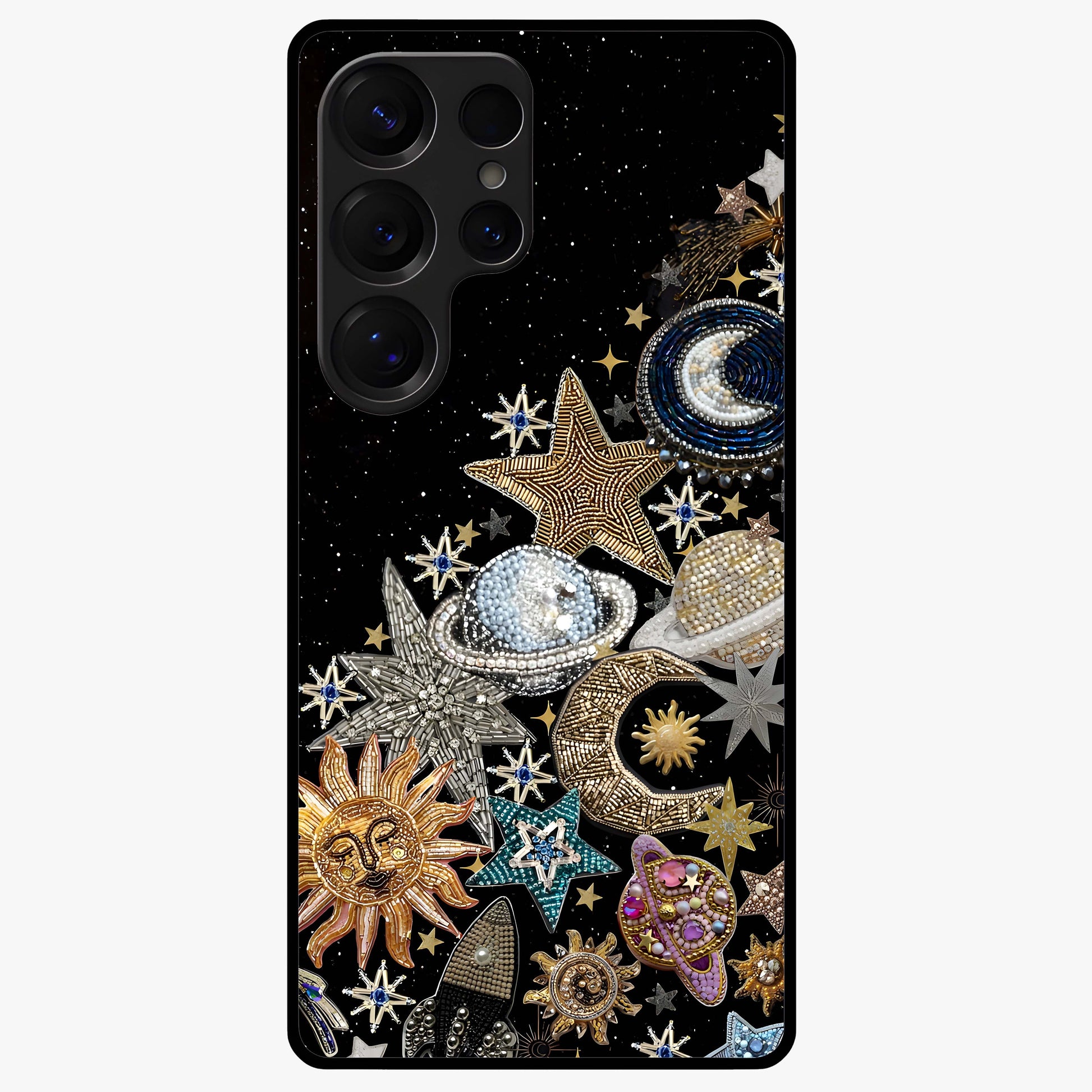 Cosmic Sparkle Dreams Glass Case showing flat back view with sparkling cosmic artwork and glossy glass finish.