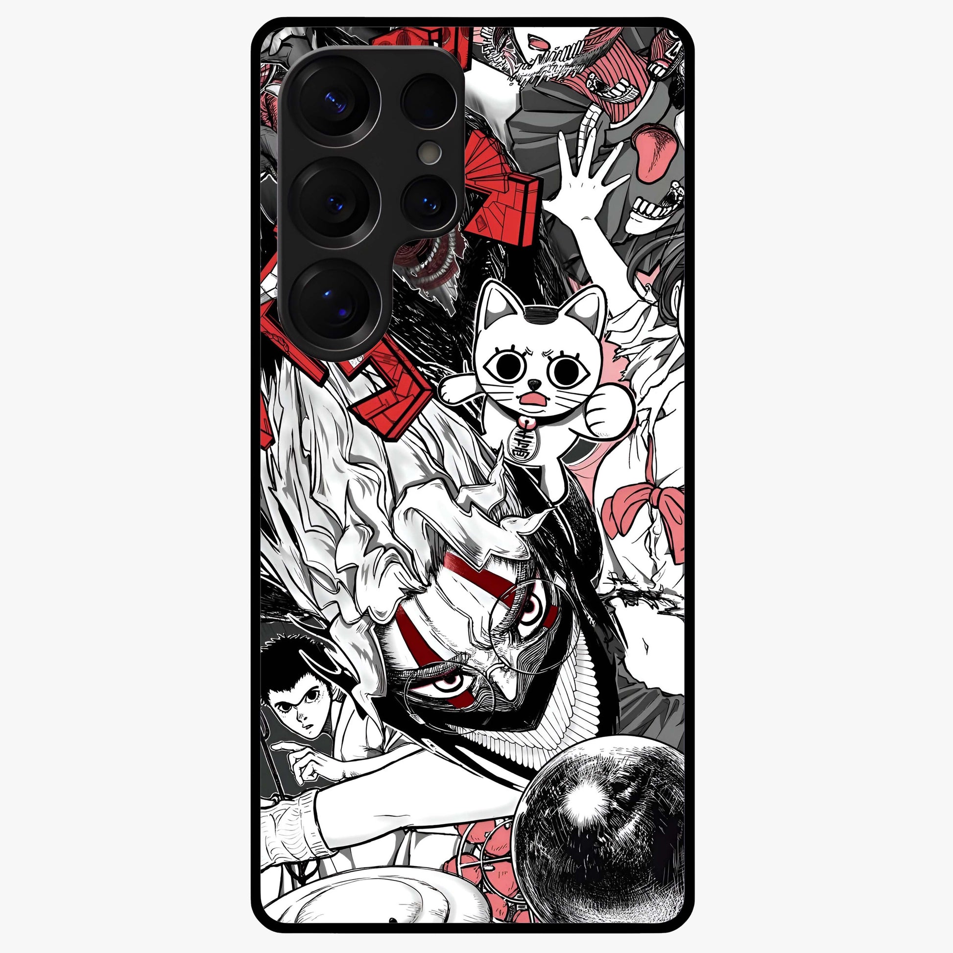 Crimson Chaos Panel Glass Case showing flat back view with bold crimson abstract artwork and glossy glass finish.