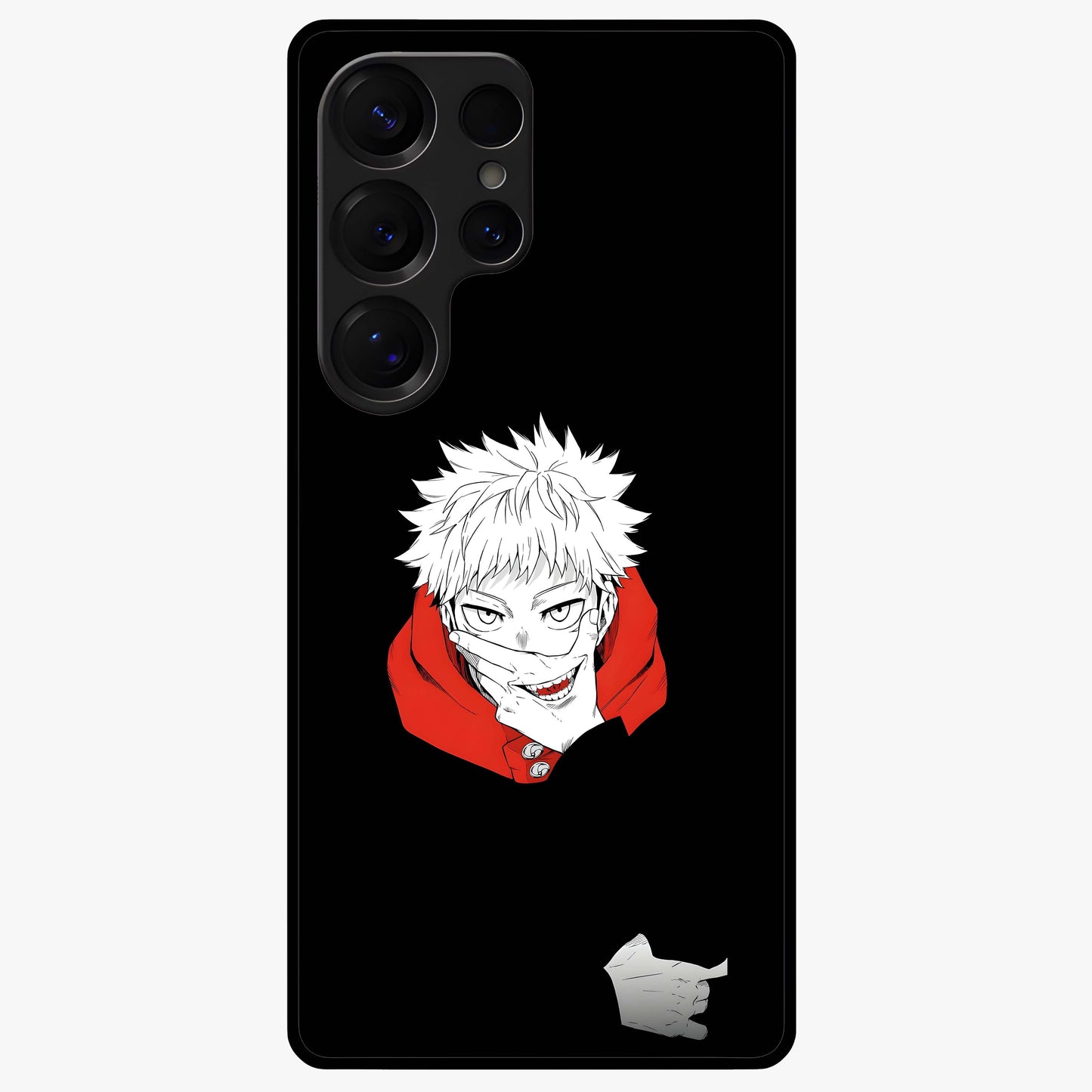 Crimson Chaos Smile Glass Case showing flat back view with bold chaotic smile artwork and glossy glass finish.