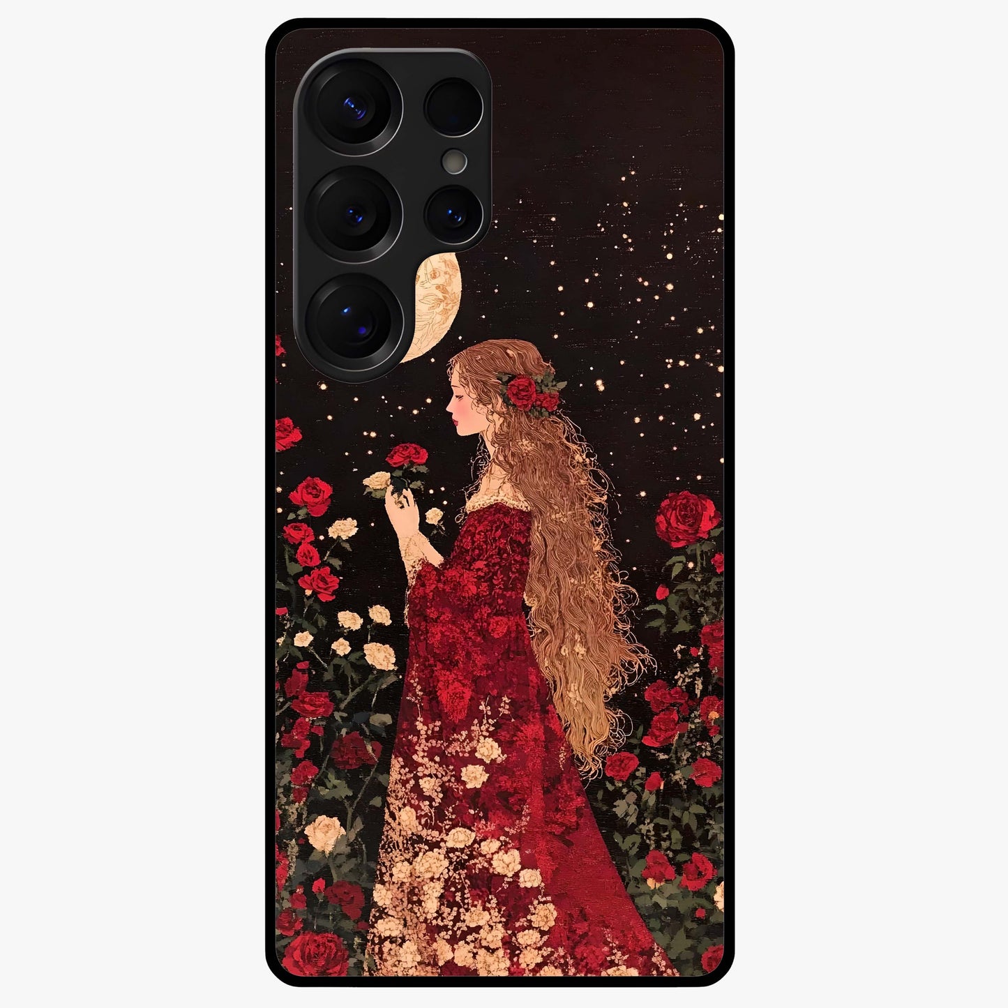 Crimson Dreams Glass Case showing flat back view with dreamy crimson artwork and glossy glass finish.