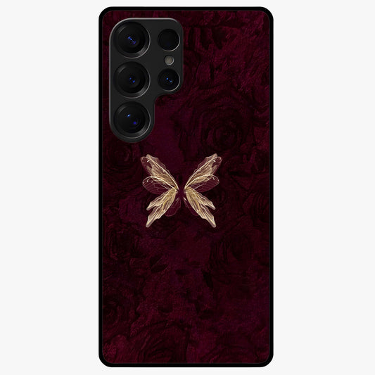 Crimson Fade Butterfly Glass Case showing flat back view with fading butterfly artwork and glossy glass finish.