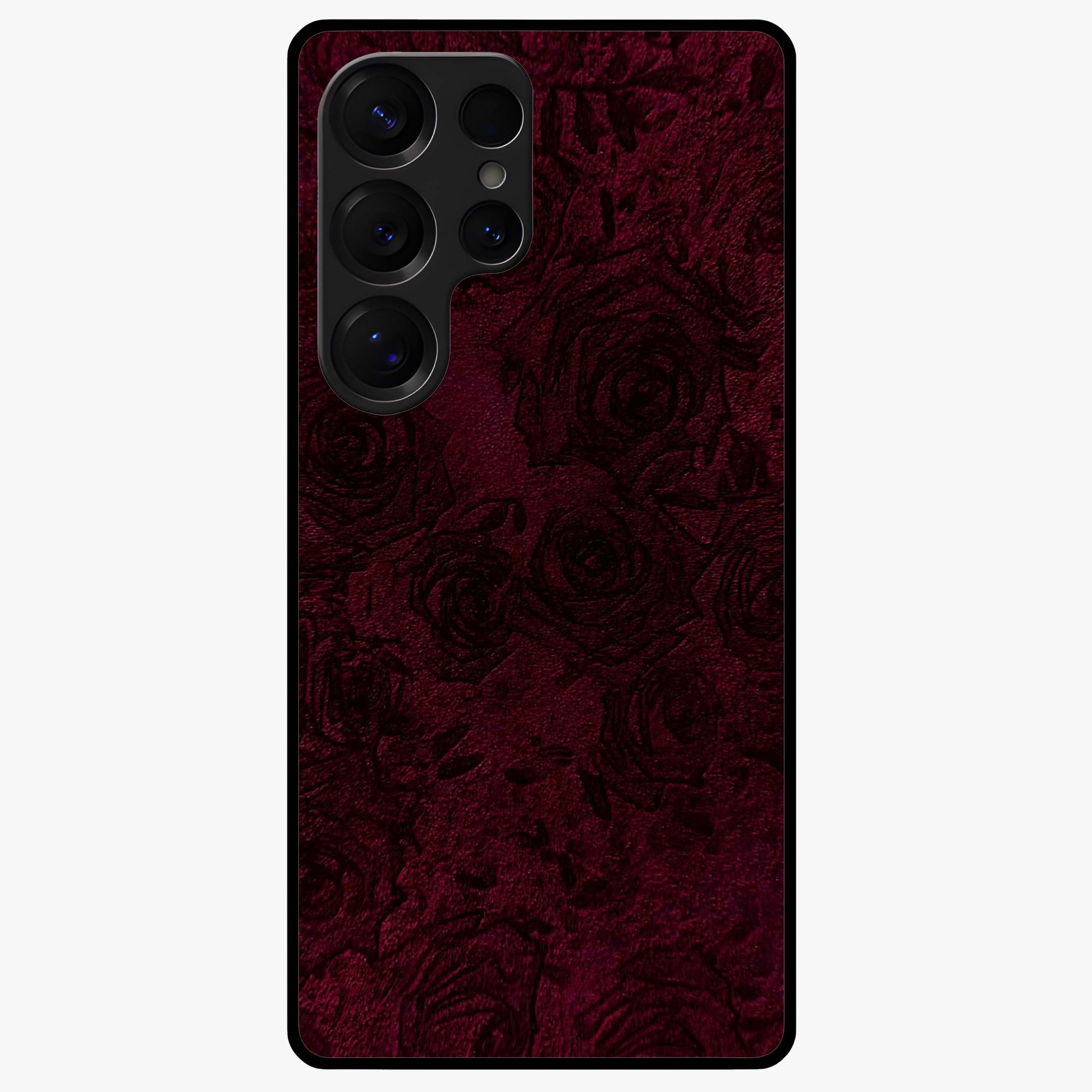 Crimson Fade Flow Glass Case showing flat back view with flowing crimson gradient artwork and glossy glass finish.