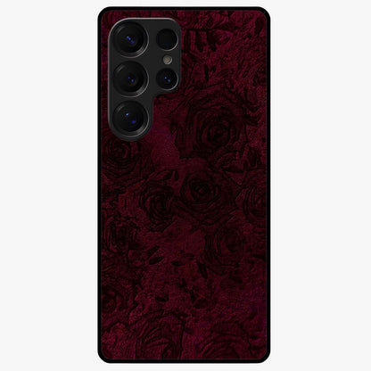 Crimson Fade Flow Glass Case showing flat back view with flowing crimson gradient artwork and glossy glass finish.