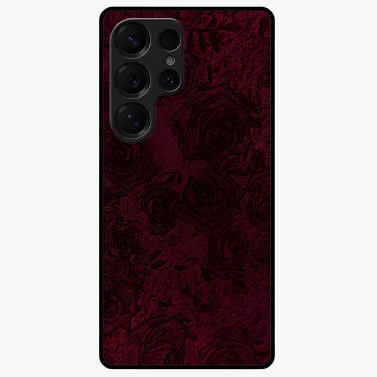 Crimson Fade Flow Glass Case showing flat back view with flowing crimson gradient artwork and glossy glass finish.