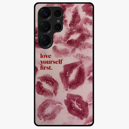 Crimson Kiss Love Glass Case showing flat back view with romantic crimson themed artwork and glossy glass finish.