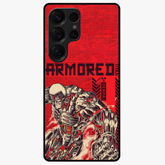 Crimson Mecha Titan Glass Case showing flat back view with powerful mech titan artwork and glossy glass finish.