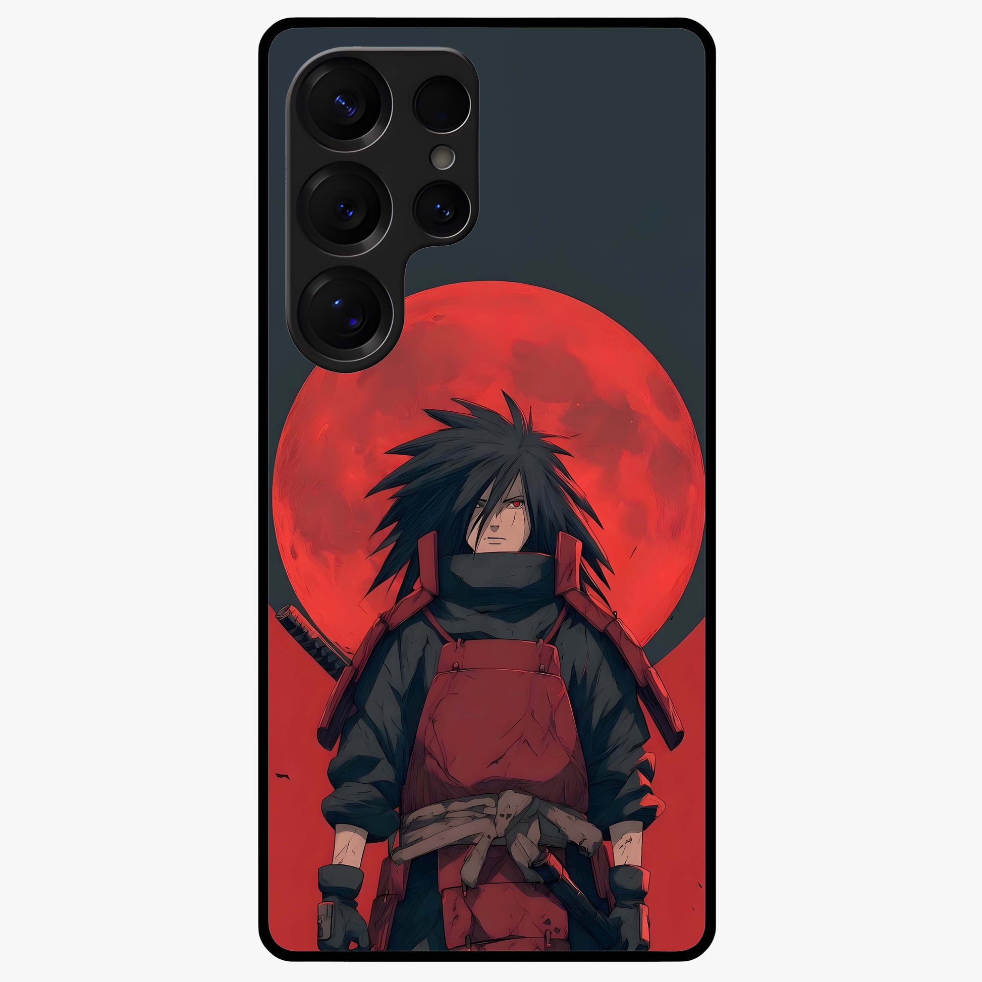 Crimson Moon Warlord Glass Case showing flat back view with mystical moon warrior artwork and glossy glass finish.