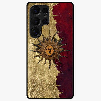 Crimson Sun Majesty Glass Case showing flat back view with radiant sun inspired artwork and glossy glass finish.