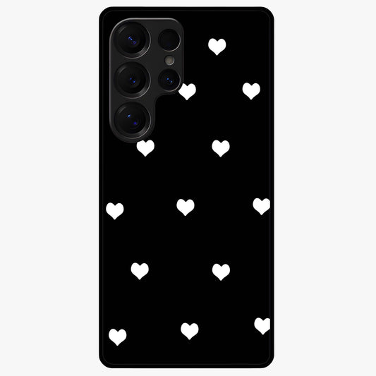 Cute And Simple White Hearts Glass Case showing flat back view with minimal white heart pattern and glossy glass finish.