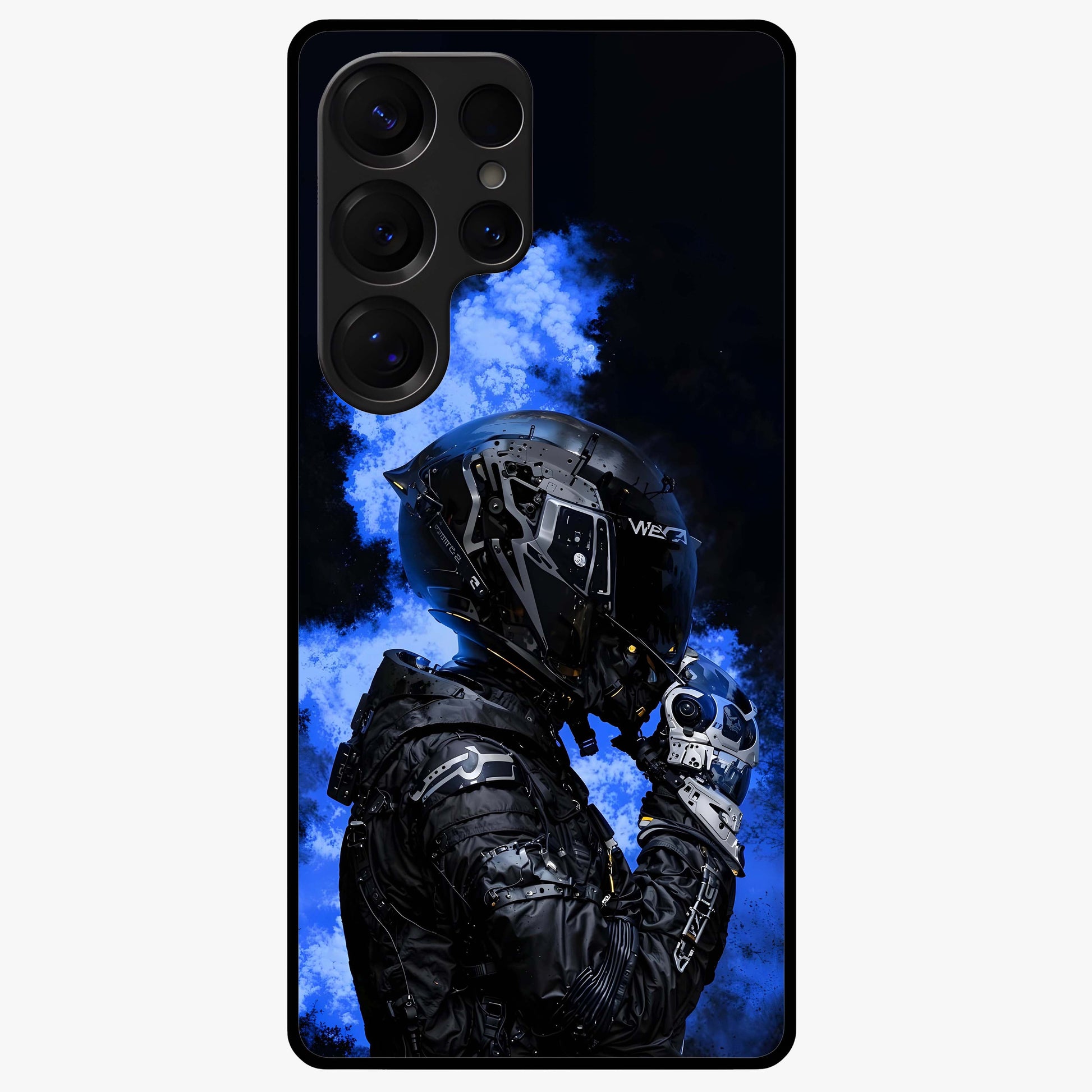 Cyber Sentinel Protocol Glass Case showing flat back view with futuristic cyber themed artwork and glossy glass finish.