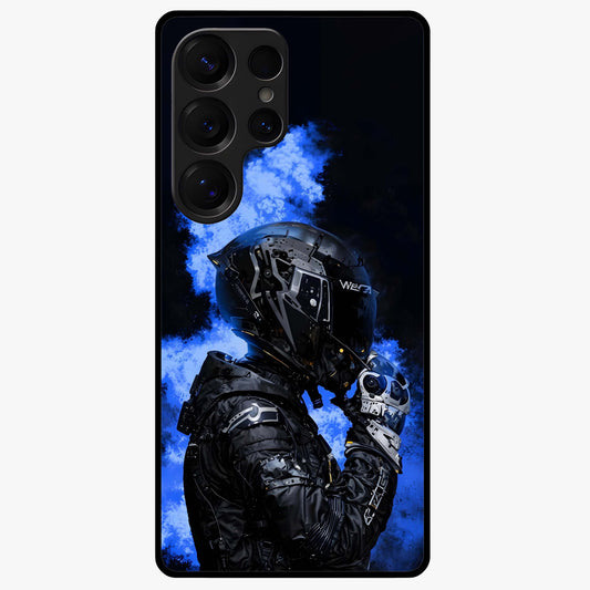 Cyber Sentinel Protocol Glass Case showing flat back view with futuristic cyber themed artwork and glossy glass finish.