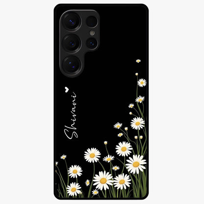 Daisy Cascade Custom Name Glass Case showing flat back view with cascading daisy flowers and personalized name design.