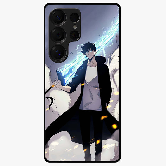 Dark Lightning Anime Warrior Glass Case showing flat back view with intense anime warrior artwork and glossy glass finish.