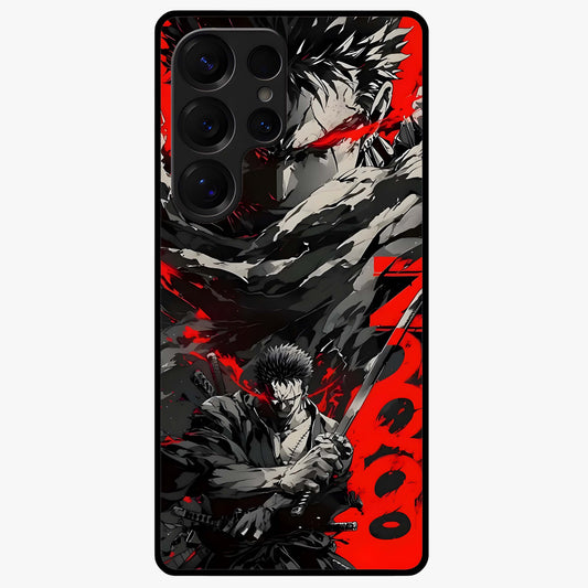 Demon Sword Resolve Glass Case showing flat back view with fierce sword warrior artwork and glossy glass finish.