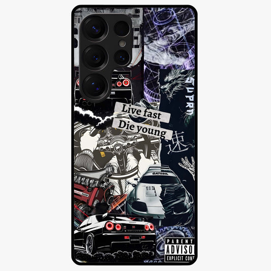 Die Young Glass Case showing flat back view with bold artistic typography design and glossy glass finish.