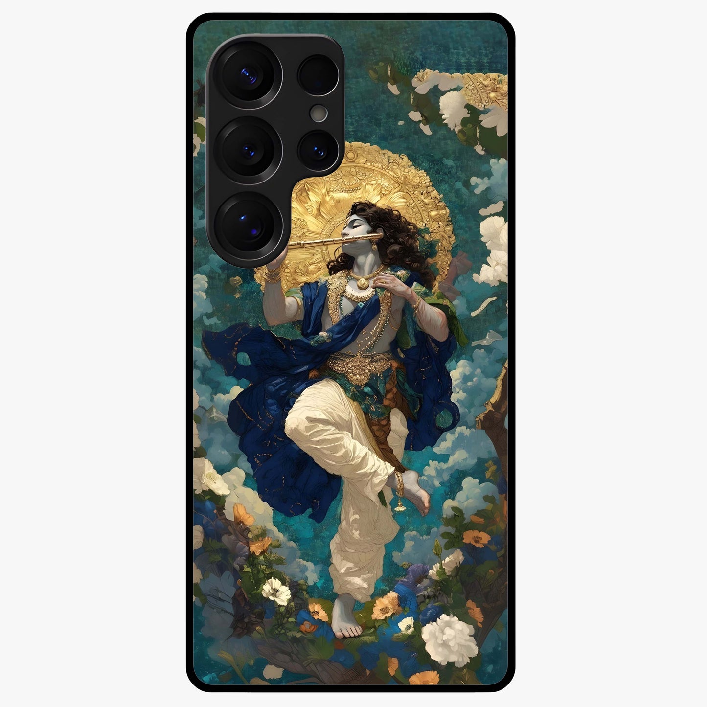 Divine Krishna Art Glass Case showing flat back view with Lord Krishna artwork and glossy glass finish.