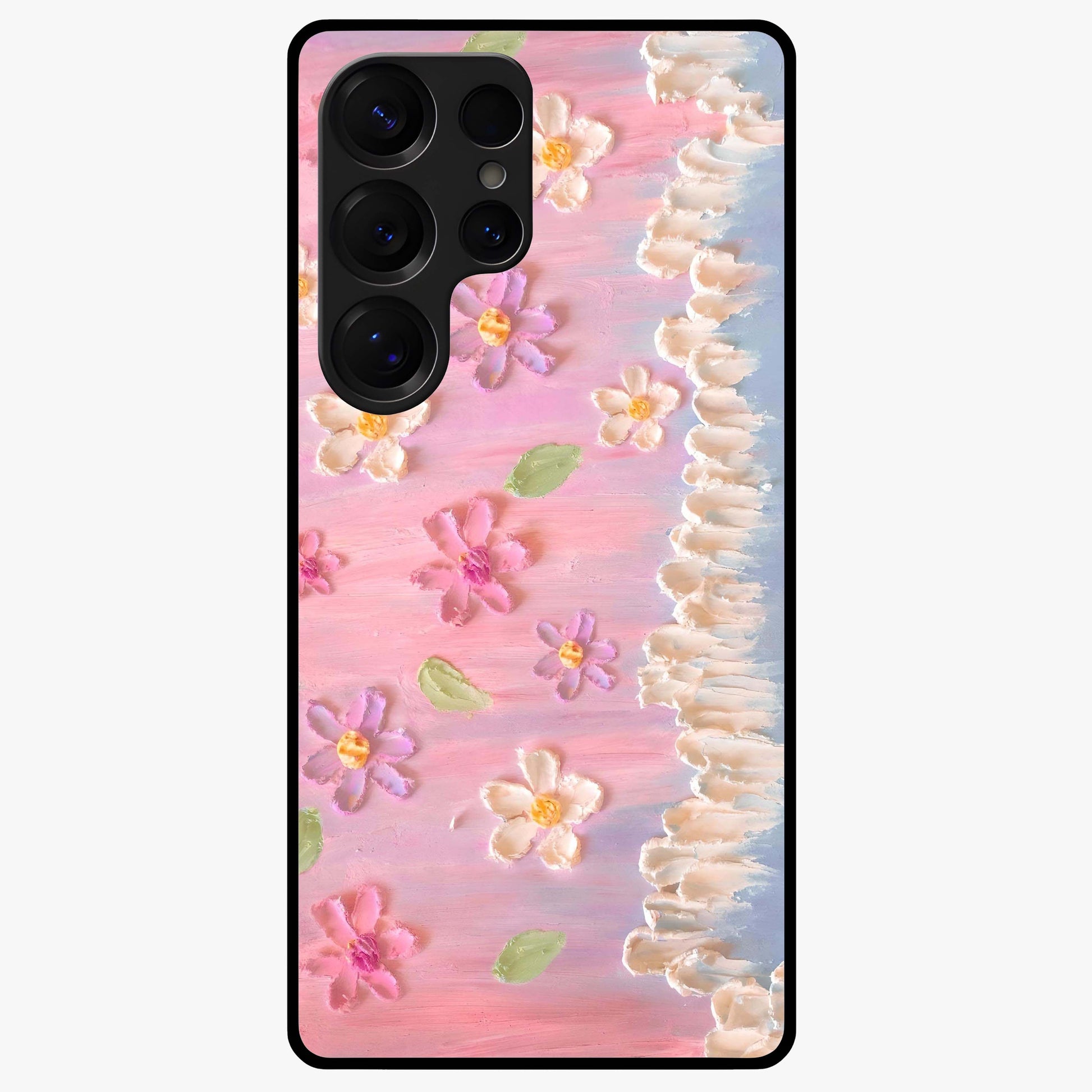 Dreamy Painted Garden Glass Case showing flat back view with artistic painted floral garden artwork and glossy glass finish.