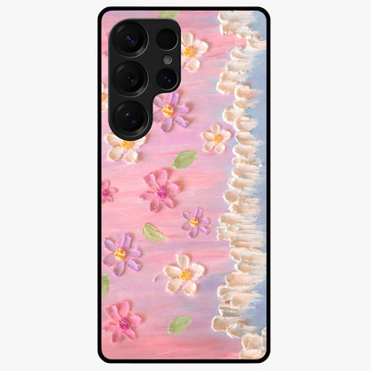 Dreamy Painted Garden Glass Case showing flat back view with artistic painted floral garden artwork and glossy glass finish.