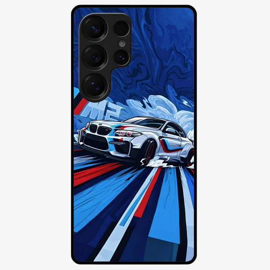 Drift Power Rush Glass Case showing flat back view with dynamic racing inspired artwork and glossy glass finish.