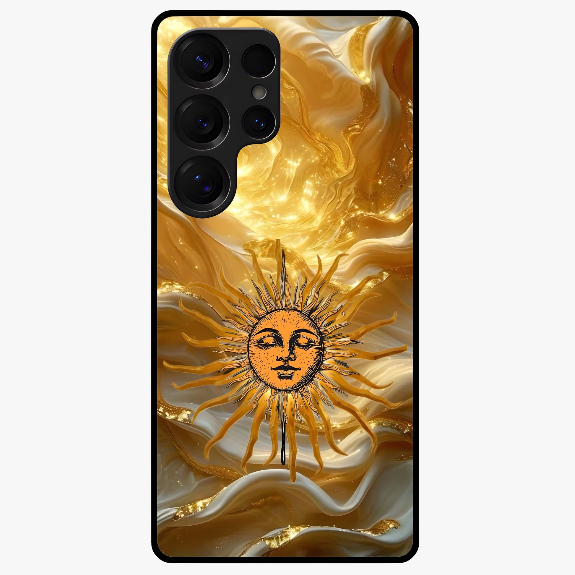 Eternal Golden Glow Glass Case showing flat back view with radiant golden themed artwork and glossy glass finish.