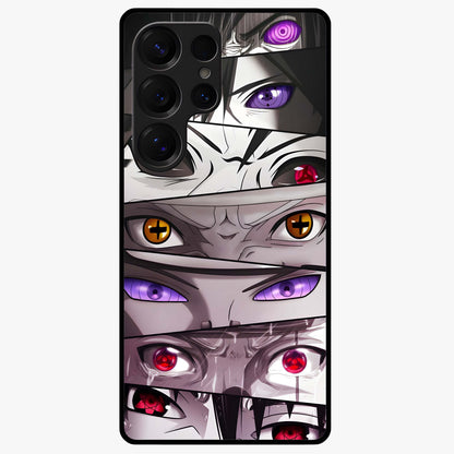 Eyes of Destiny Glass Case showing flat back view with striking eye themed artwork and glossy glass finish.