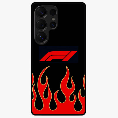 Fire F11 Glass Case showing flat back view with fiery themed artwork and glossy glass finish.