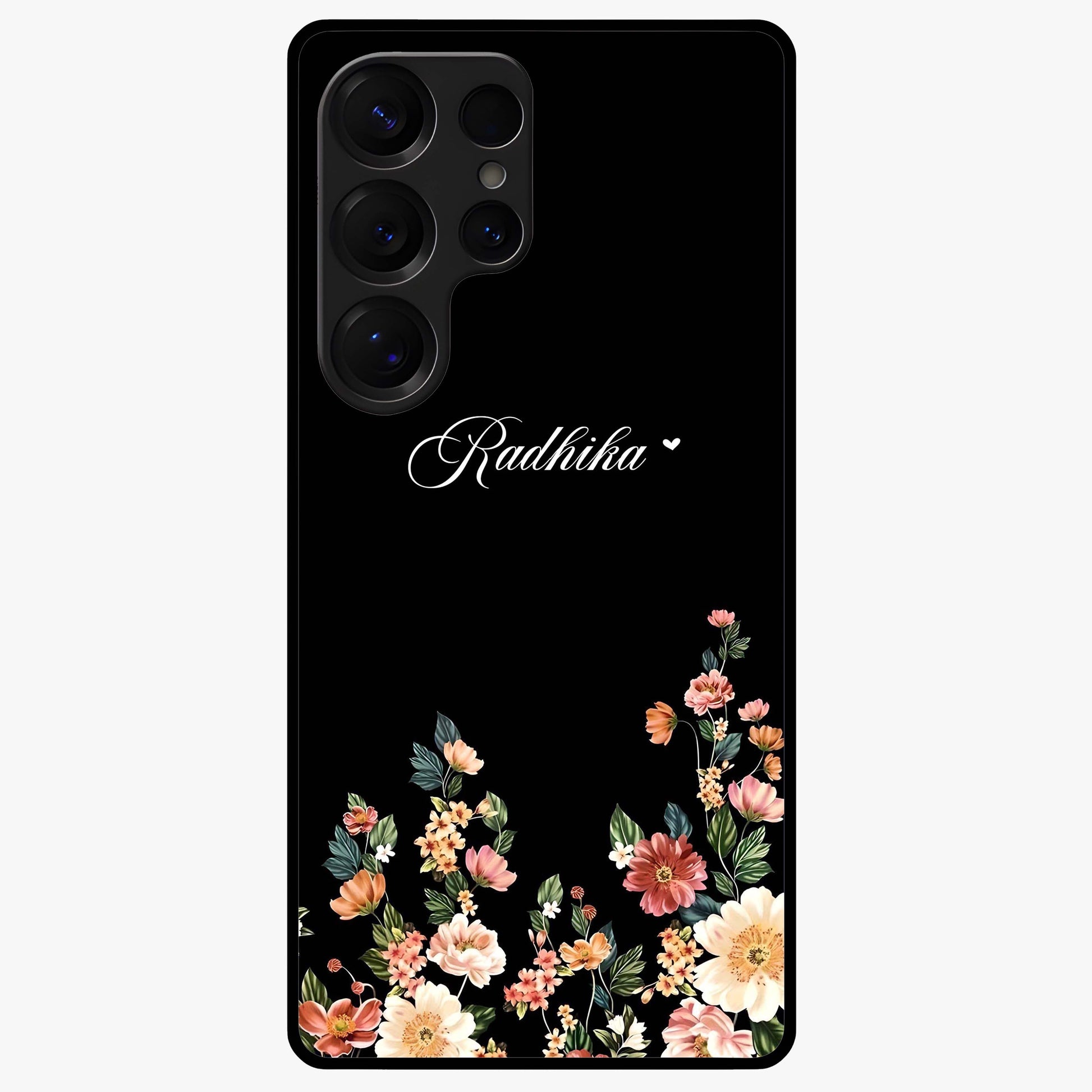 Floral Design With a Custom Personalized Name Glass Case showing flat back view with floral artwork and personalized name design.