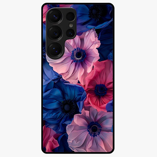 Flower Paper Art Pattern Glass Case showing flat back view with paper cut style floral artwork and glossy glass finish.