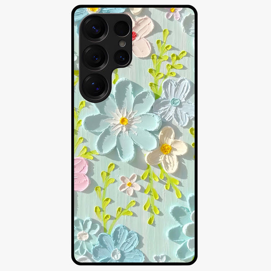 Frosted Petal Garden Glass Case showing flat back view with soft frosted floral artwork and glossy glass finish.
