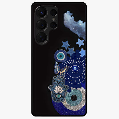 Galactic Charm Cluster Glass Case showing flat back view with glowing celestial charm artwork and glossy glass finish.