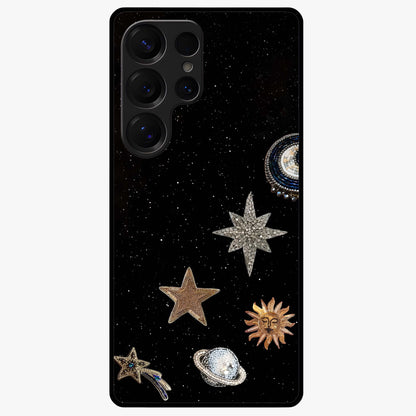 Galactic Charm Glow Glass Case showing flat back view with glowing celestial charm artwork and glossy glass finish.