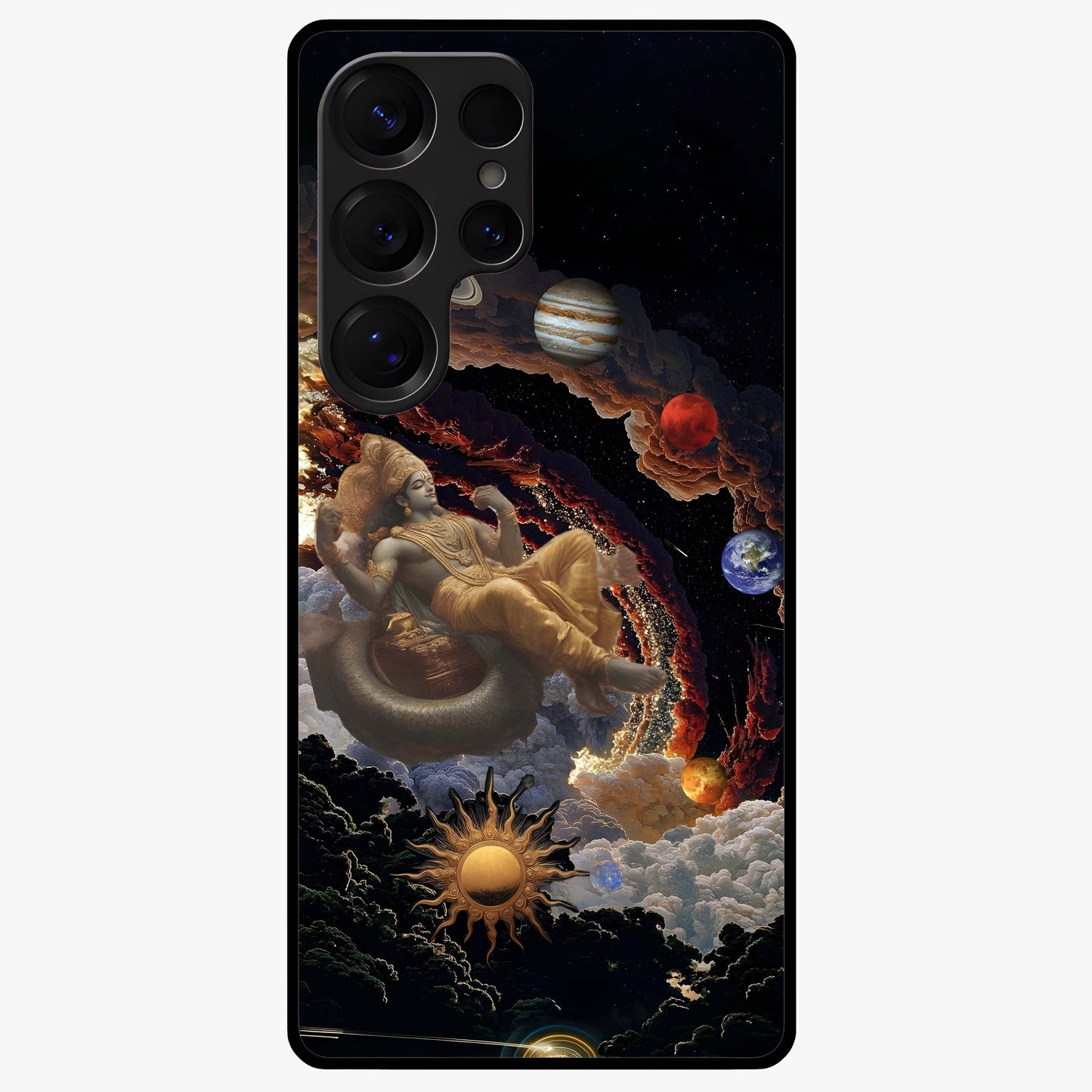 Galactic Divine God Glass Case showing flat back view with divine cosmic themed artwork and glossy glass finish.