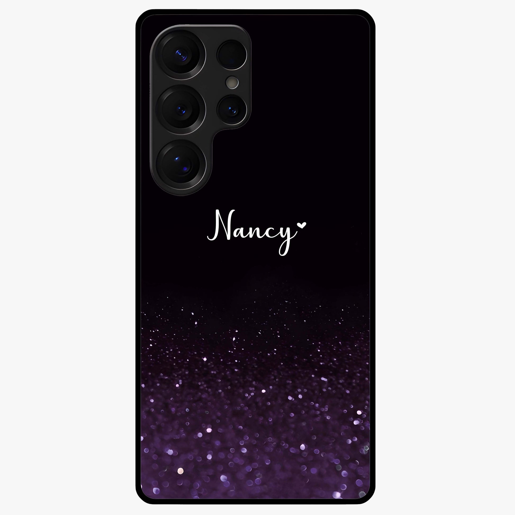 Glittery Purple Bokeh Custom Name Glass Case showing flat back view with purple bokeh sparkle artwork and personalized name design.