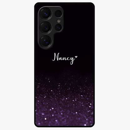 Glittery Purple Bokeh Custom Name Glass Case showing flat back view with purple bokeh sparkle artwork and personalized name design.