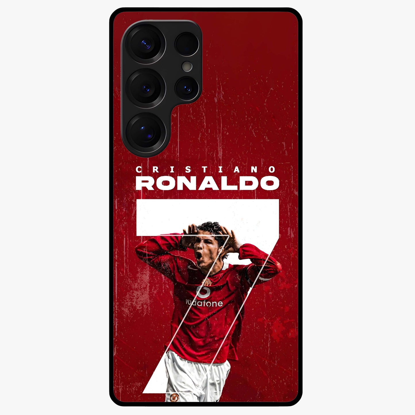 Goal Celebration Legacy Glass Case showing flat back view with football celebration inspired artwork and glossy glass finish.
