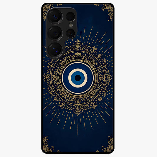 Golden Evil Eye Mandala Glass Case showing flat back view with intricate evil eye mandala artwork and glossy glass finish.