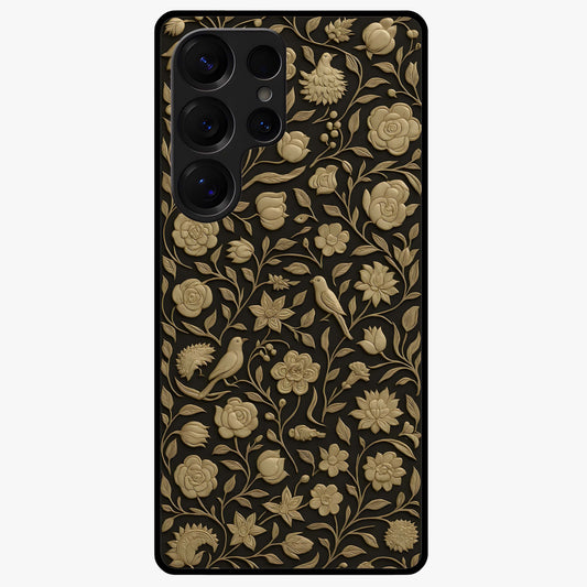 Golden Floral Majesty Glass Case showing flat back view with luxurious golden floral artwork and glossy glass finish.