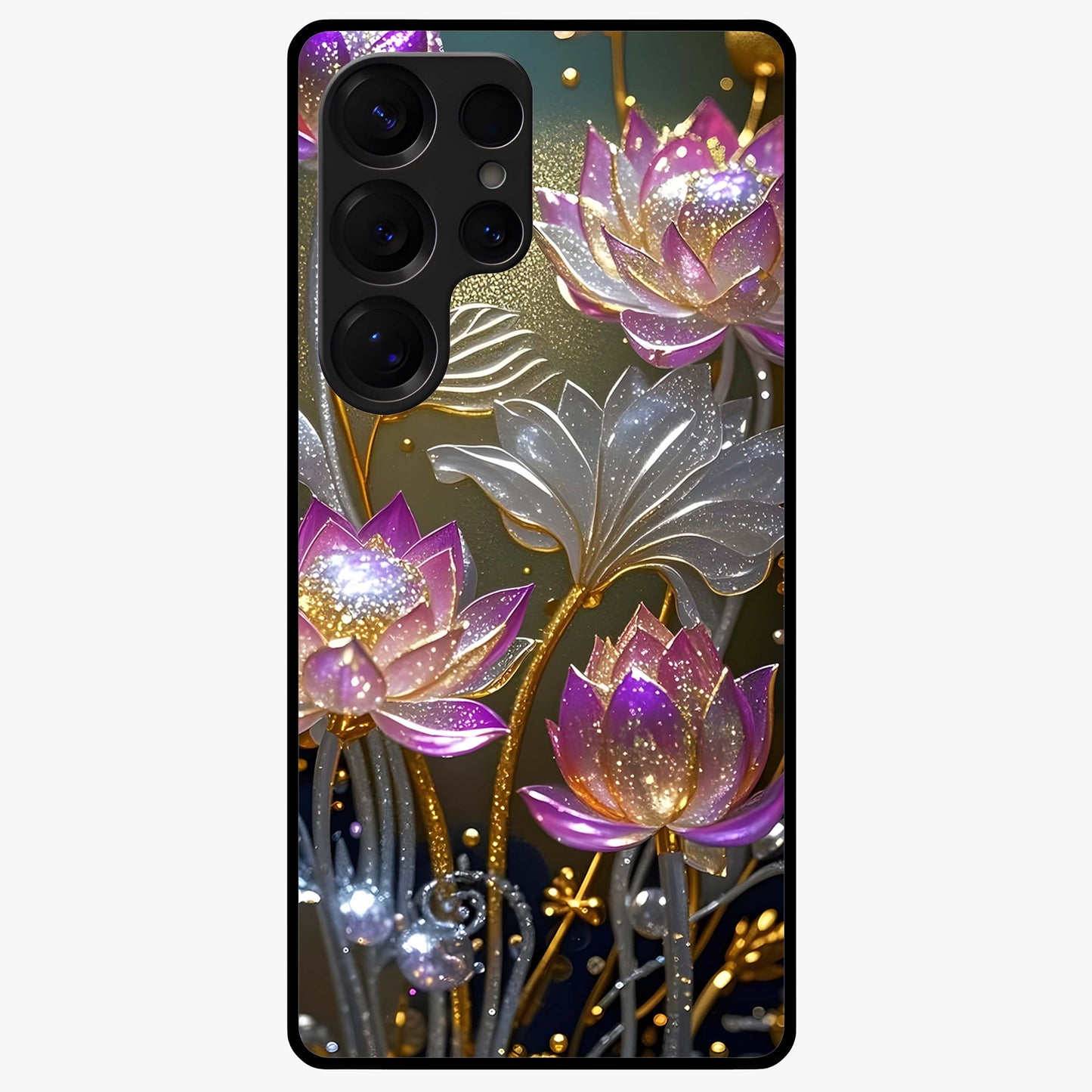 Golden Lotus Glow Glass Case showing flat back view with glowing lotus flower artwork and glossy glass finish.