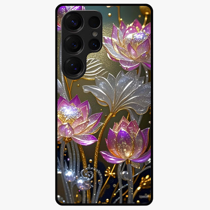 Golden Lotus Glow Glass Case showing flat back view with glowing lotus flower artwork and glossy glass finish.