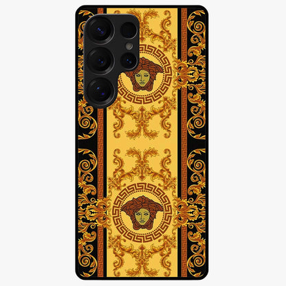 Golden Royal Heritage Glass Case showing flat back view with ornate royal pattern artwork and glossy glass finish.